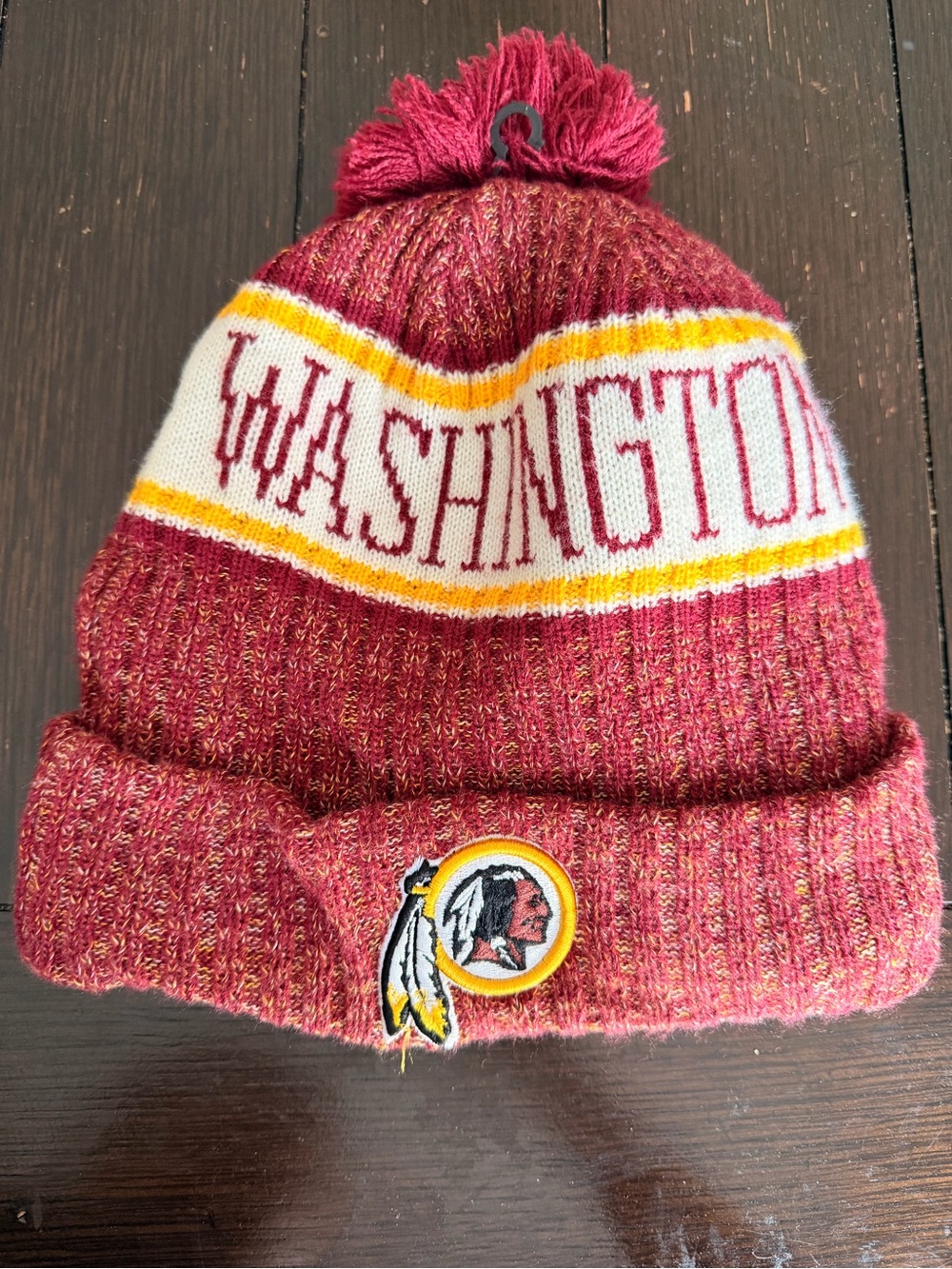 New Era Kids Burgundy Pom Washington Beanie with Yellow & White Accents